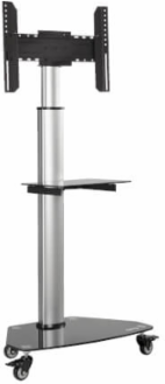 Rolling TV Cart, 37 to 70 in Displays, Black Glass Base and Shelf, Locking Casters, Black/Silver
