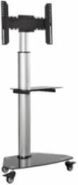 Rolling TV Cart, 37 to 70 in Displays, Black Glass Base and Shelf, Locking Casters, Black/Silver