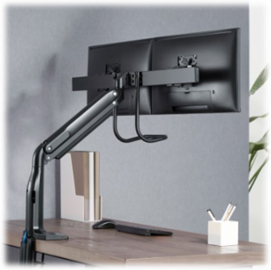 Safe-IT Precision-Placement Dual-Display Desk Clamp or Grommet with Antimicrobial Tape for 17” to 35” Displays, USB Ports