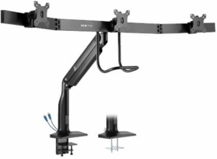 Triple-Display Desk Mount, Gas Spring Arm, Antimicrobial, 17 to 32 in, Clamp/Grommet