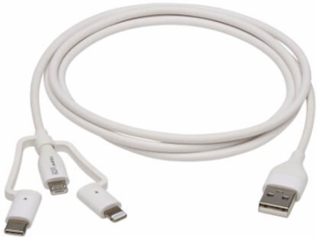 USB-A to Lightning/USB-C/Micro-B 3-in-1 Sync/Charge Antibacterial Cable, MFi Certified, White, 4 ft