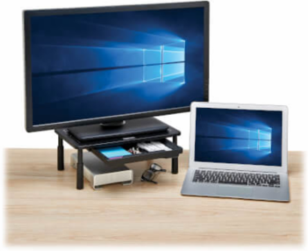 Monitor Riser for Desk, 15 x 9 in, Height-Adjustable, Storage Drawer, Metal, Black