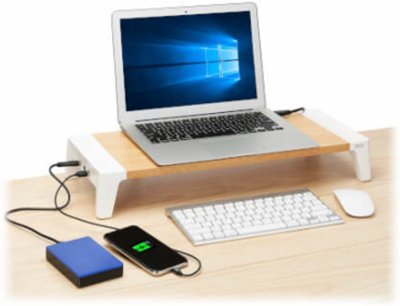 Monitor Riser for Desk, Wood Top, USB-A Charge and Data Ports, White