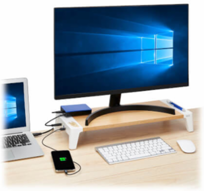 Monitor Riser for Desk, Wood Top, USB-A Charge and Data Ports, White