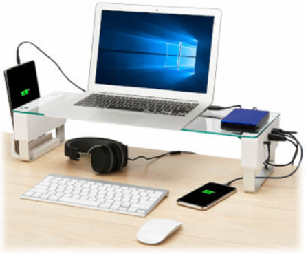 Monitor Riser for Desk, Height-Adjustable, Glass Top, USB and Audio Ports, Silver