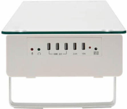 Monitor Riser for Desk, Height-Adjustable, Glass Top, USB and Audio Ports, Silver