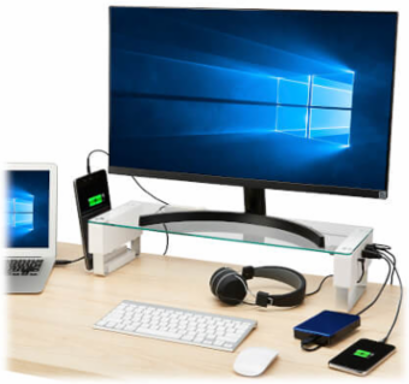 Monitor Riser for Desk, Height-Adjustable, Glass Top, USB and Audio Ports, Silver