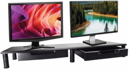 Dual-Monitor Riser with Storage Drawers, 39 x 11 in, Plastic, Black, TAA