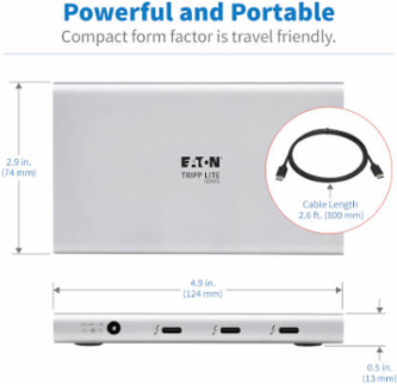 USB Hub, Thunderbolt 4, 4-Port, 8K, Dual 4K 60 Hz, USB 3.2 Gen 2, 100W Charging, Gray