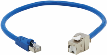 Cat6a Shielded Keystone Jack Cable Assembly, 18 Inch, RJ45 M/F, 10 Gbps, Blue