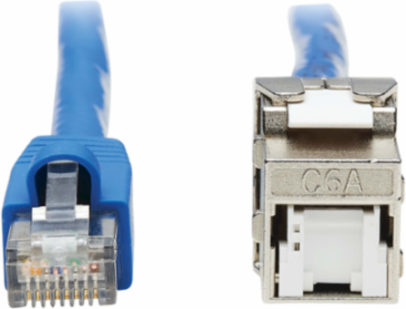 Cat6a Shielded Keystone Jack Cable Assembly, 18 Inch, RJ45 M/F, 10 Gbps, Blue