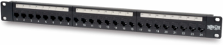 24-Port 1U Rack-Mount Cat6 Feedthrough Patch Panel, 30W PoE+, Black