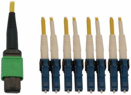 Fiber Optic Cable, MTP/MPO APC to 4x Duplex LC UPC, Singlemode 9/125 OS2, 400G, LSZH, Yellow, 2 m