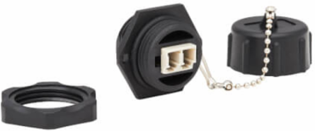 Rigid Industrial Duplex Multimode Fiber Optic Coupler, LC/LC, IP68, Black