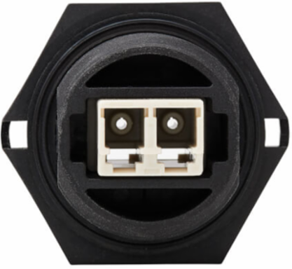 Rigid Industrial Duplex Multimode Fiber Optic Coupler, LC/LC, IP68, Black