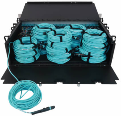 Preloaded Fiber Patch Panel, 3U - 24x (12F MTP/MPO-PC to 4x LC Duplex F/F) 8F Trunk Cables, OM4 Multimode, 10 m (32.8 ft.)