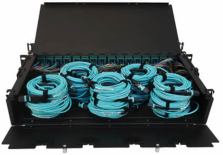 Preloaded Fiber Patch Panel, 2U - 32x (12F MTP/MPO-PC to 4x LC Duplex F/F) 8F Trunk Cables, OM4 Multimode, 3 m (9.8 ft.)