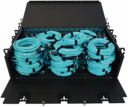 Preloaded Fiber Patch Panel, 3U - 48x (12F MTP/MPO-PC to 4x LC Duplex F/F) 8F Trunk Cables, OM4 Multimode, 5 m (16.4 ft.)