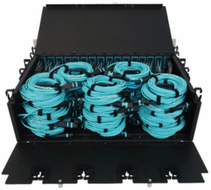 Preloaded Fiber Patch Panel, 3U - 64x (12F MTP/MPO-PC to 4x LC Duplex F/F) 8F Trunk Cables, OM4 Multimode, 3 m (9.8 ft.)