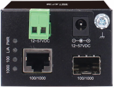 Unmanaged Industrial Gigabit Fiber to Ethernet Media Converter, RJ45/SFP, -40 to 75C, DC Power, TAA