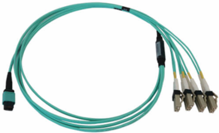 Fiber Optic Cable, MTP/MPO-PC to 4x Duplex LC/PC, 12F Multimode OM3 50/125, LSZH, Aqua, 1 m