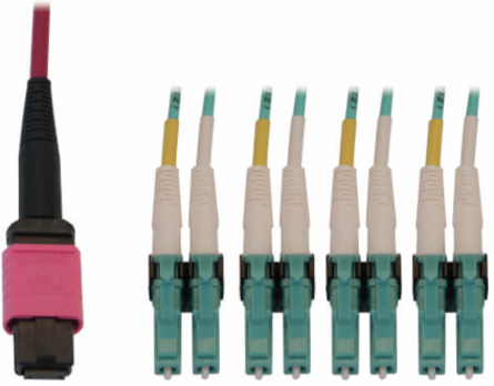Fiber Optic Cable, 40/100G Multimode OM4, 12F MTP/MPO-PC to 4x Duplex LC/PC F/M, LSZH, Magenta, 2 m