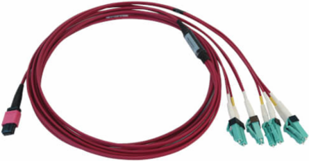 Fiber Optic Cable, 40/100G Multimode OM4, 12F MTP/MPO-PC to 4x Duplex LC/PC F/M, LSZH, Magenta, 3 m