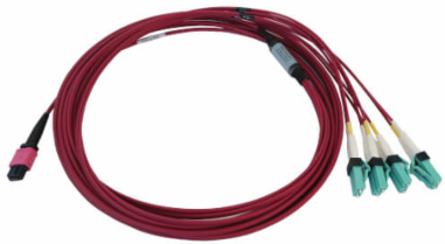 Fiber Optic Cable, 40/100G Multimode OM4, 12F MTP/MPO-PC to 4x Duplex LC/PC F/M, LSZH, Magenta, 5 m