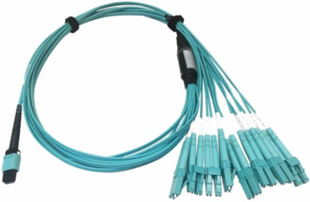 Fiber Optic Breakout, 400G Multimode OM4, 24F MTP/MPO-PC to (x4) LC Duplex (F/M), Plenum, Aqua, 1 m