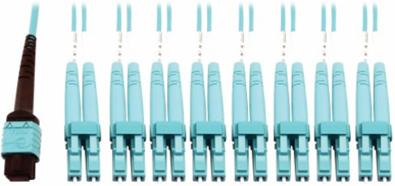 Fiber Optic Breakout, 400G Multimode OM4, 24F MTP/MPO-PC to (x4) LC Duplex (F/M), Plenum, Aqua, 1 m