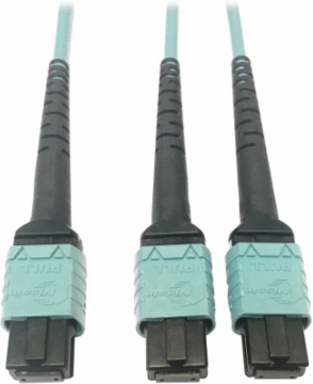 Fiber Optic Cable, 400G Multimode OM4, 24F MTP/MPO-PC to (x2) 12F MTP/MPO-PC (F/F), Aqua, 3 m