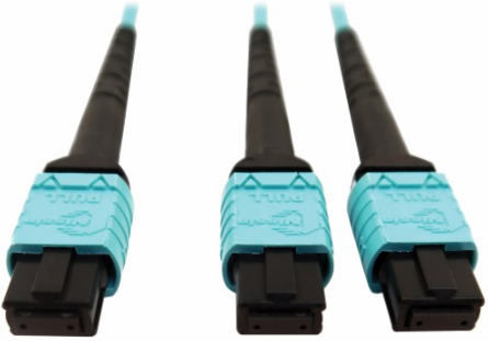 Fiber Optic Cable, 400G Multimode OM4, 24F MTP/MPO-PC to (x2) 12F MTP/MPO-PC (F/F), Aqua, 5 m