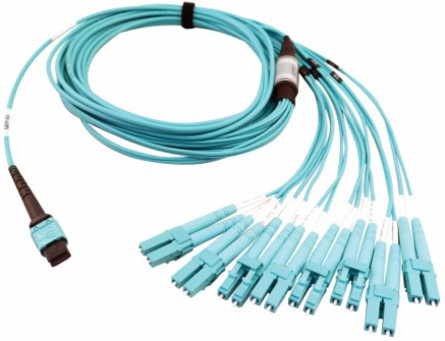 Fiber Optic Breakout Cable, 400G Multimode OM4 Plenum, 24F MTP/MPO-PC to (x4) LC Duplex, Aqua, 5 m