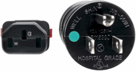 Hospital-Grade Power Cord, NEMA 5-15P to Locking IEC C13, 15 ft, 10A, 18 AWG