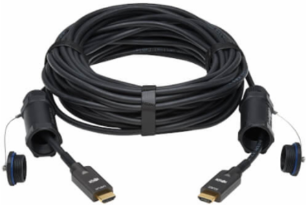 Armored HDMI Fiber Active Optical Cable, 4K @ 60 Hz, HDR, IP68, Hooded Connectors, M/M, Black, 30 m
