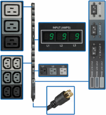 Metered 8.6kW 3-Phase Vertical PDU, 36 C13, 6 C19, NEMA L21-30P, 6ft Cord