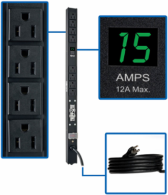 1.4kW Metered Vertical PDU, 15A 120V, 8 NEMA 5-15R Outputs, 15ft Cord