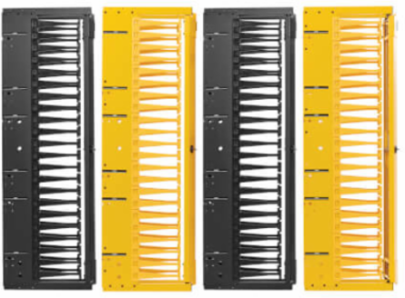High-Capacity Vertical Cable Manager - Deep Double Finger Duct with Cover, Double Sided, 6 in. Wide, Yellow/Black, 7 ft. (2.2 m)