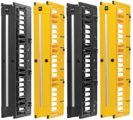 High-Capacity Vertical Cable Manager - Deep Double Finger Duct with Cover, Double Sided, 6 in. Wide, Yellow/Black, 7 ft. (2.2 m)
