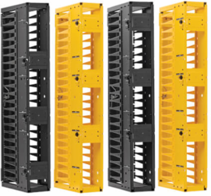 High-Capacity Vertical Cable Manager - Deep Double Finger Duct with Cover, Double Sided, 6 in. Wide, Yellow/Black, 7 ft. (2.2 m)