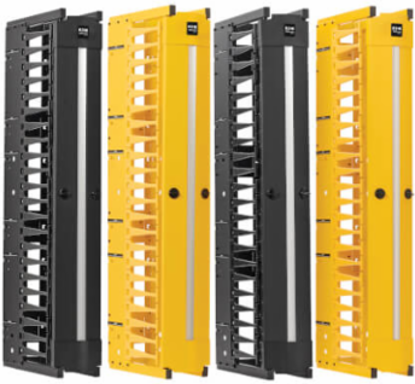 High-Capacity Vertical Cable Manager - Deep Double Finger Duct with Cover, Double Sided, 6 in. Wide, Yellow/Black, 7 ft. (2.2 m)
