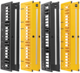 High-Capacity Vertical Cable Manager - Deep Double Finger Duct with Cover, Double Sided, 6 in. Wide, Yellow/Black, 7 ft. (2.2 m)