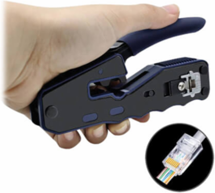 Crimping Tool with Cable Stripper, Pass-Through RJ45 Plugs, Cat5/5e/Cat6/Cat6a
