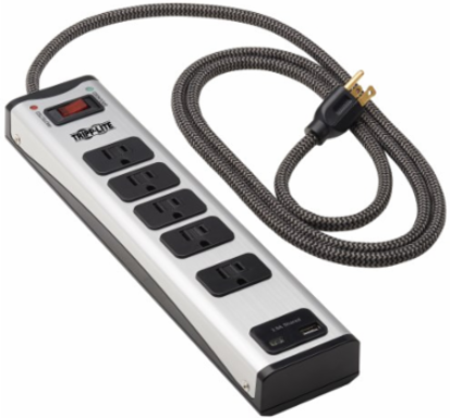 5-Outlet Surge Protector with 1 USB-A and 1 USB-C (3.9A Shared) - 6 ft. Cord, 2100 Joules, Metal Housing