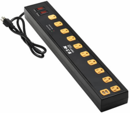 Surge Protector, 10-Outlet with Swivel Light Bars, 2 USB Ports, 6 ft Cord, 1350 Joules, Black