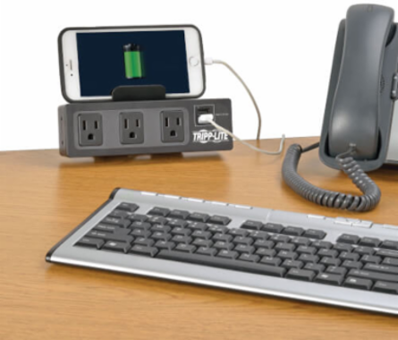 3-Outlet Surge Protector with Desk Clamp, 10 ft Cord, 510 Joules, 2 USB Ports