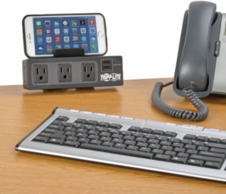 3-Outlet Surge Protector with Desk Clamp, 10 ft Cord, 510 Joules, 2 USB Ports