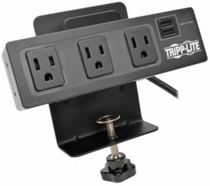 3-Outlet Surge Protector with Desk Clamp, 10 ft Cord, 510 Joules, 2 USB Ports