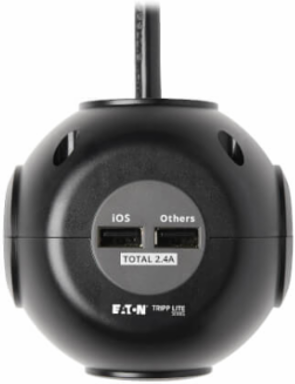 Spherical Surge Protector, 3-Outlet, 4 USB Ports, 540 Joules, 6 ft Cord, 5-15P, Black