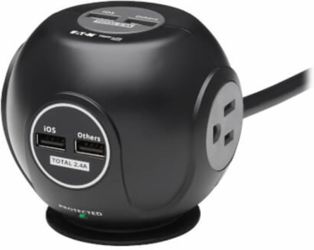 Spherical Surge Protector, 3-Outlet, 4 USB Ports, 540 Joules, 6 ft Cord, 5-15P, Black